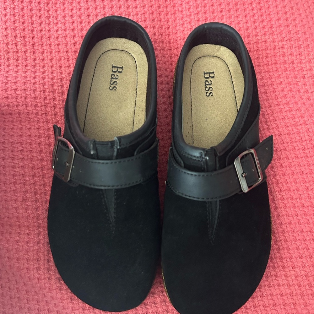 Bass Black Suede Mules with Buckle